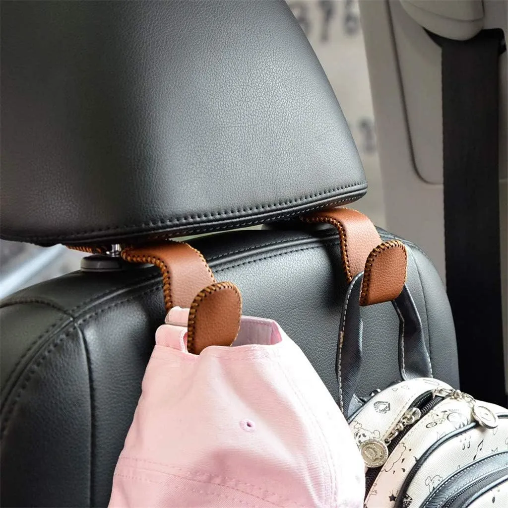 VCOROS Purse Hook for Car Leather & Stainless Universal Universal Car Vehicle Back Seat Headrest Hanger Holder Hooks for Bag Purse Cloth Drink Grocery 2 Pack(Brown 2#)