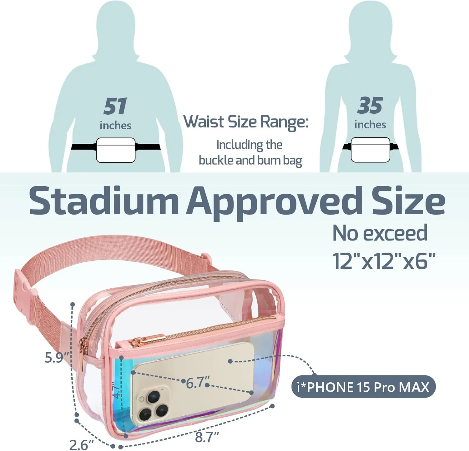 Veckle Clear Fanny Pack - Holographic Pink Clear Belt Bag Crossbody Fashion Fanny Packs for Women Men Cute Waist Bag with Adjustable Strap for Sports Events, Concerts, Festivals
