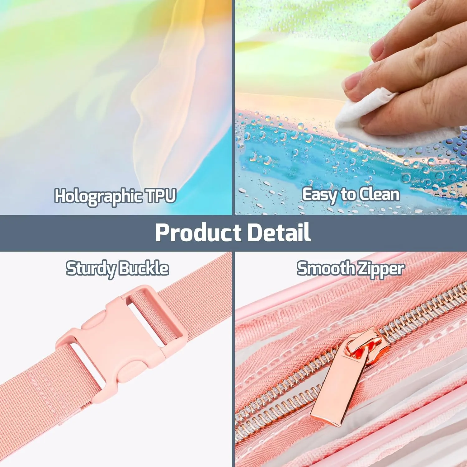 Veckle Clear Fanny Pack - Holographic Pink Clear Belt Bag Crossbody Fashion Fanny Packs for Women Men Cute Waist Bag with Adjustable Strap for Sports Events, Concerts, Festivals