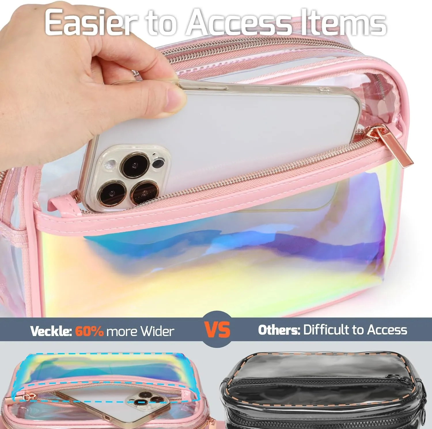 Veckle Clear Fanny Pack - Holographic Pink Clear Belt Bag Crossbody Fashion Fanny Packs for Women Men Cute Waist Bag with Adjustable Strap for Sports Events, Concerts, Festivals