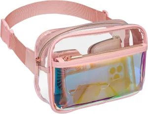 Veckle Clear Fanny Pack - Holographic Pink Clear Belt Bag Crossbody Fashion Fanny Packs for Women Men Cute Waist Bag with Adjustable Strap for Sports Events, Concerts, Festivals
