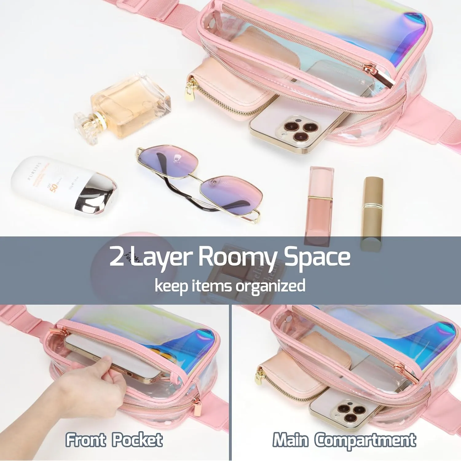 Veckle Clear Fanny Pack - Holographic Pink Clear Belt Bag Crossbody Fashion Fanny Packs for Women Men Cute Waist Bag with Adjustable Strap for Sports Events, Concerts, Festivals