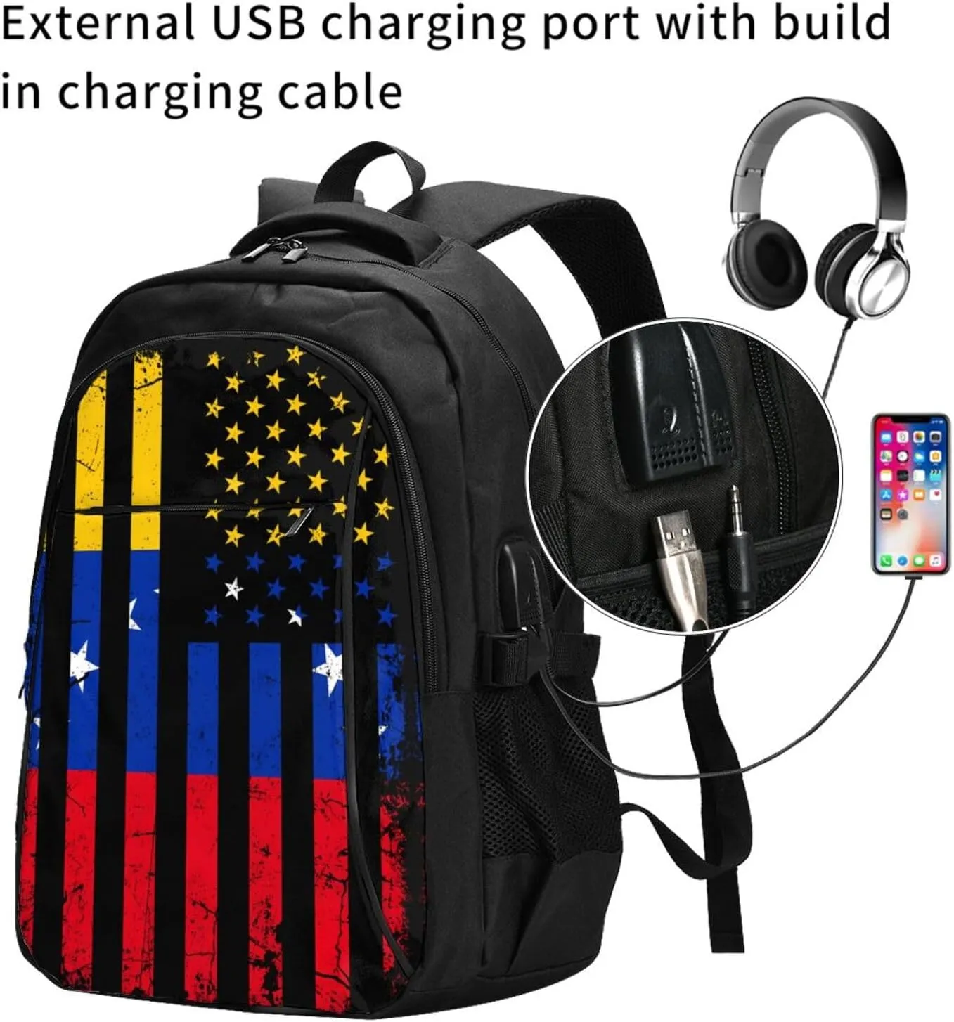 Venezuela American Flag Venezuelan Roots Business Laptop Backpack Travel Backpacks Outdoor Rucksack Large Bag Daypack with USB Charging Port Multi-Pocket for Hiking Camping
