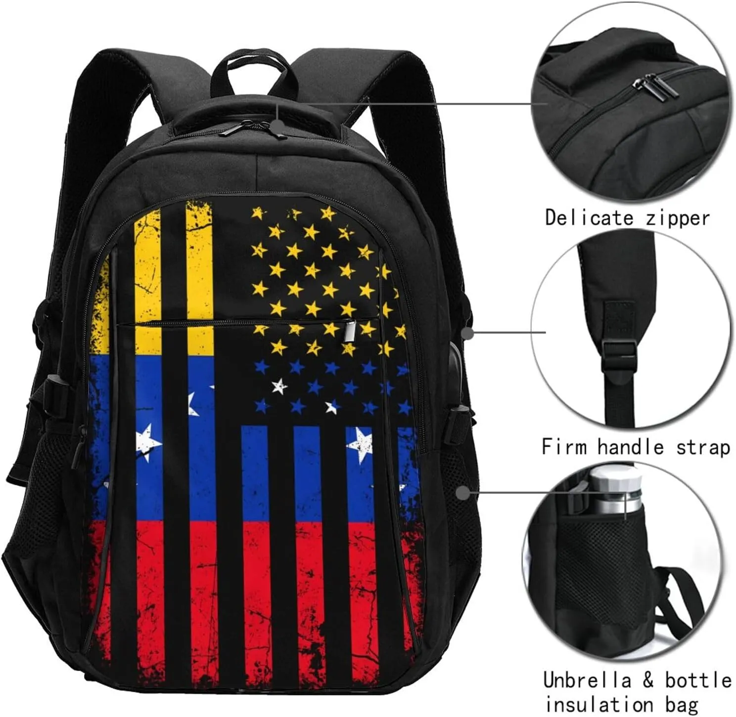 Venezuela American Flag Venezuelan Roots Business Laptop Backpack Travel Backpacks Outdoor Rucksack Large Bag Daypack with USB Charging Port Multi-Pocket for Hiking Camping