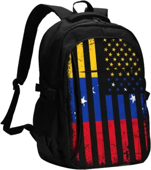 Venezuela American Flag Venezuelan Roots Business Laptop Backpack Travel Backpacks Outdoor Rucksack Large Bag Daypack with USB Charging Port Multi-Pocket for Hiking Camping