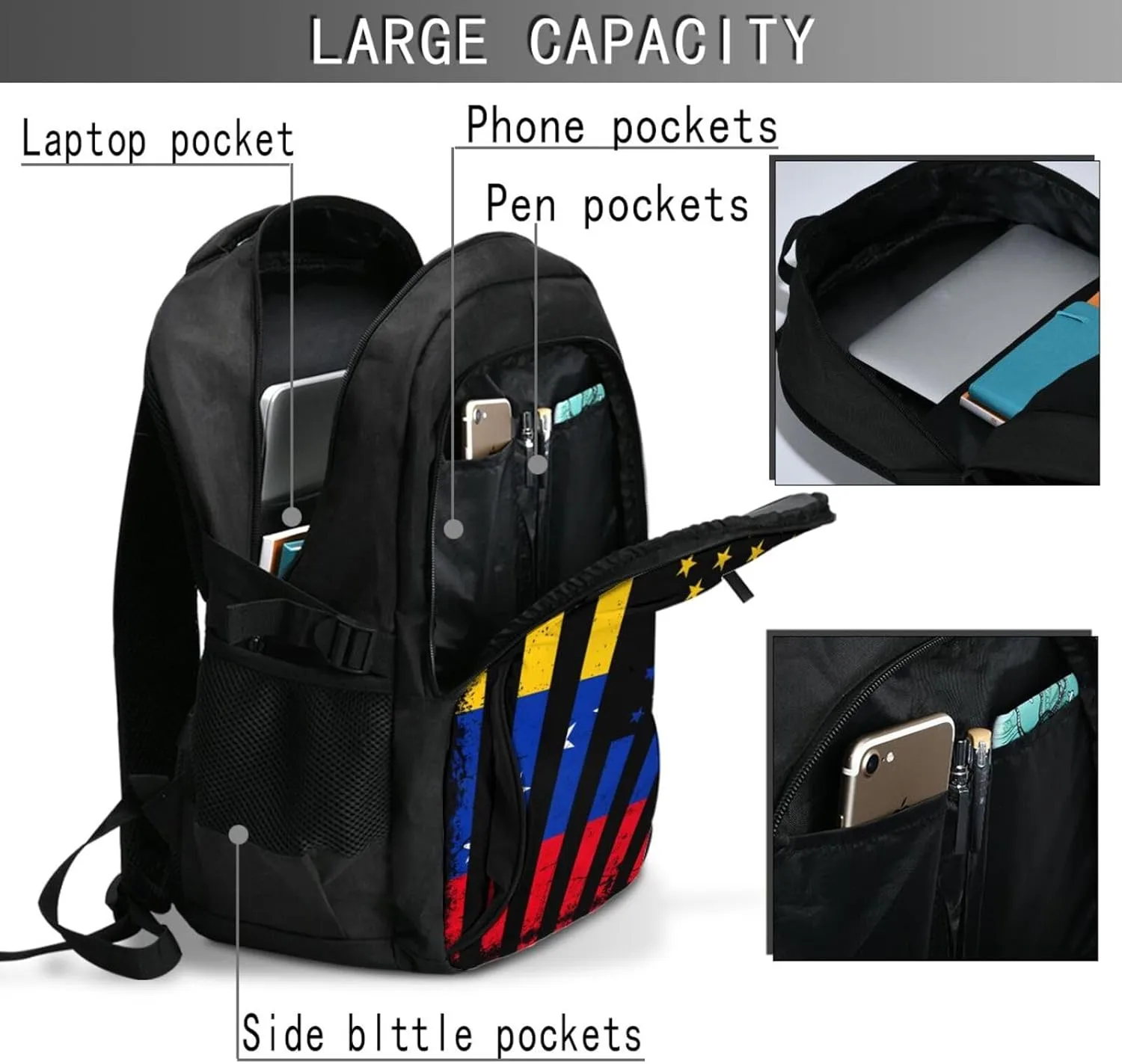 Venezuela American Flag Venezuelan Roots Business Laptop Backpack Travel Backpacks Outdoor Rucksack Large Bag Daypack with USB Charging Port Multi-Pocket for Hiking Camping