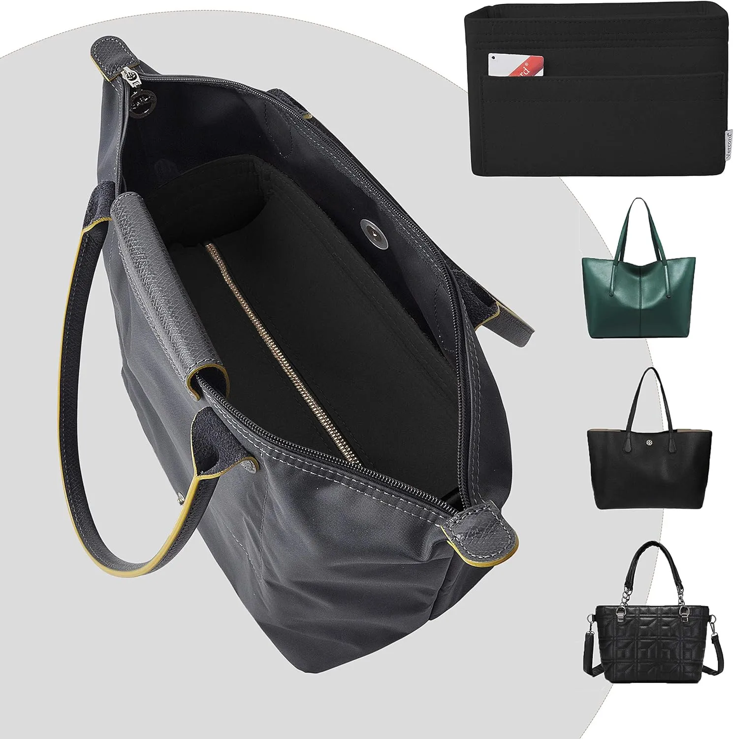 Vercord Felt Zipper Handbag Tote Purse Duffel Backpack Organizer Insert Black Large