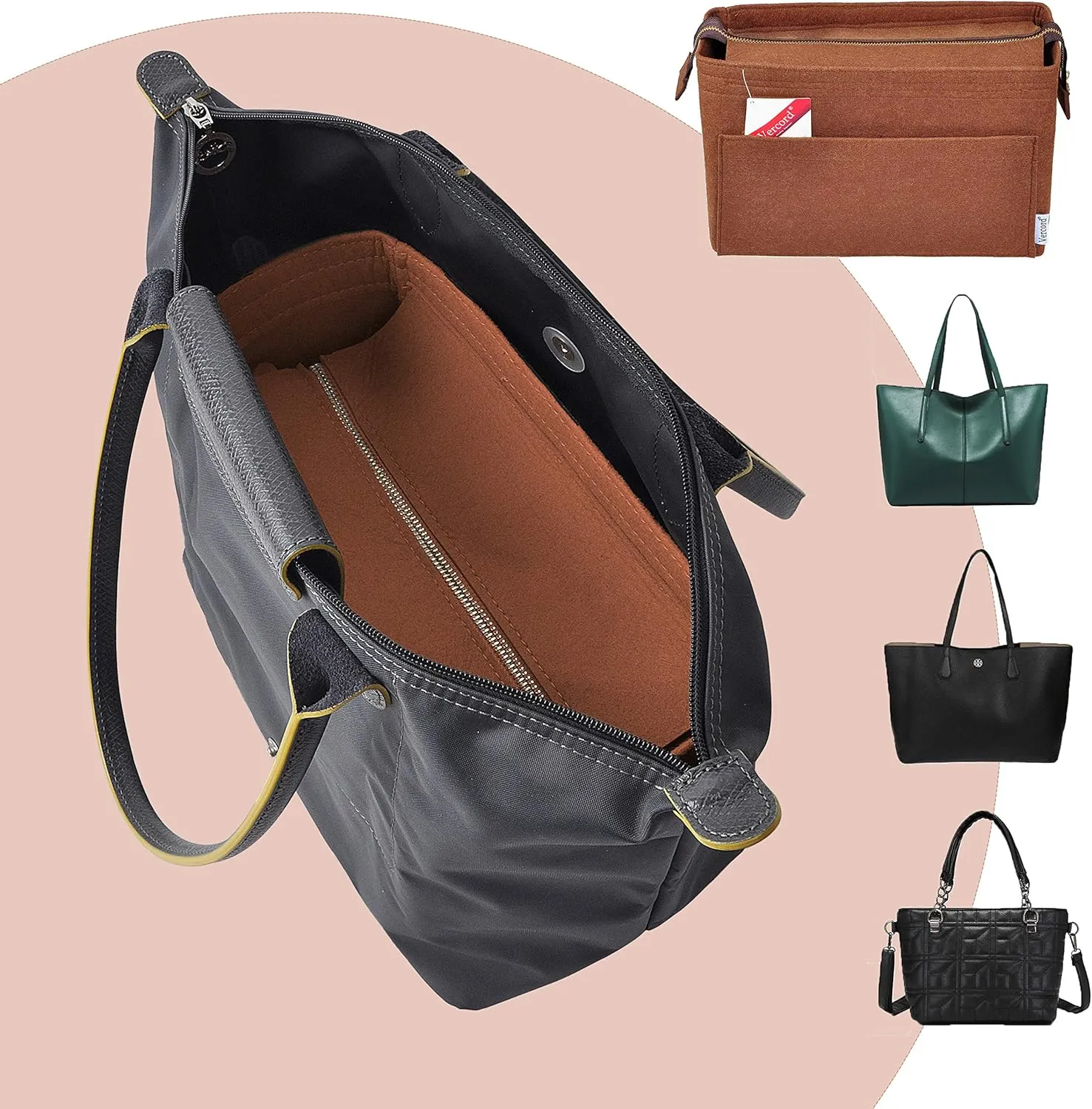 Vercord Felt Zipper Handbag Tote Purse Duffel Backpack Organizer Insert Coffee Large