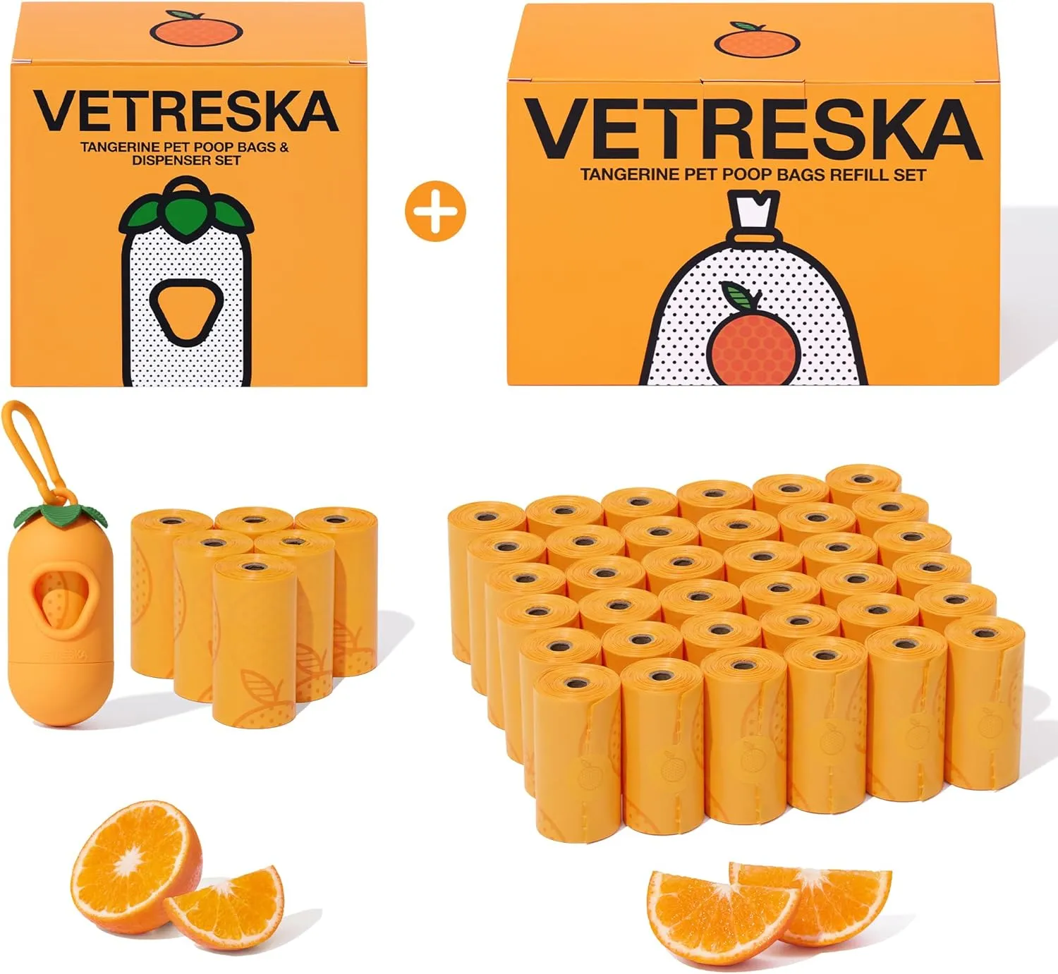 VETRESKA Dog Poop Bags Dispenser with Citrus Scented Waste Bags, Leak Proof, Extra Thick and Large Pet Poop Bags for Walking Dog, Cats Litter and Babies' Diaper 1 Count Holder and 645 Bags, Orange