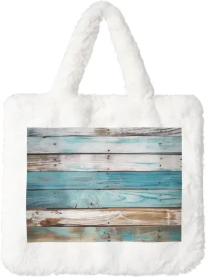 Vintage Beach Wood Old Blue Color Wooden Plank Plush Shoulder Bag Faux Fur Handbag Cute Fuzzy Tote Bag Women Ladies Underarm Bag For Autumn And Winter