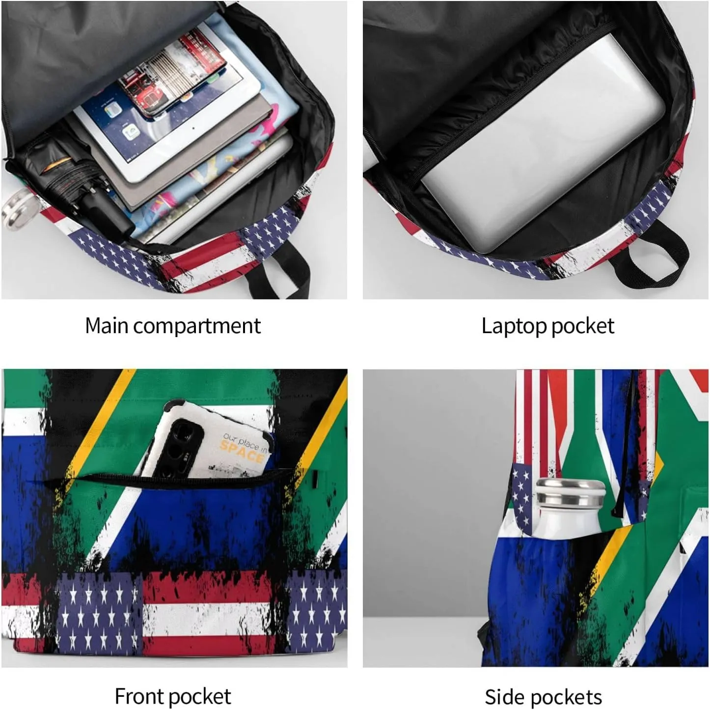 Vintage Half South African American Flag Casual Backpack Large Capacity Travel Backpacks Laptop Daypack Commuter Rucksack Adjustable Strap Sports Bags for Hiking Biking