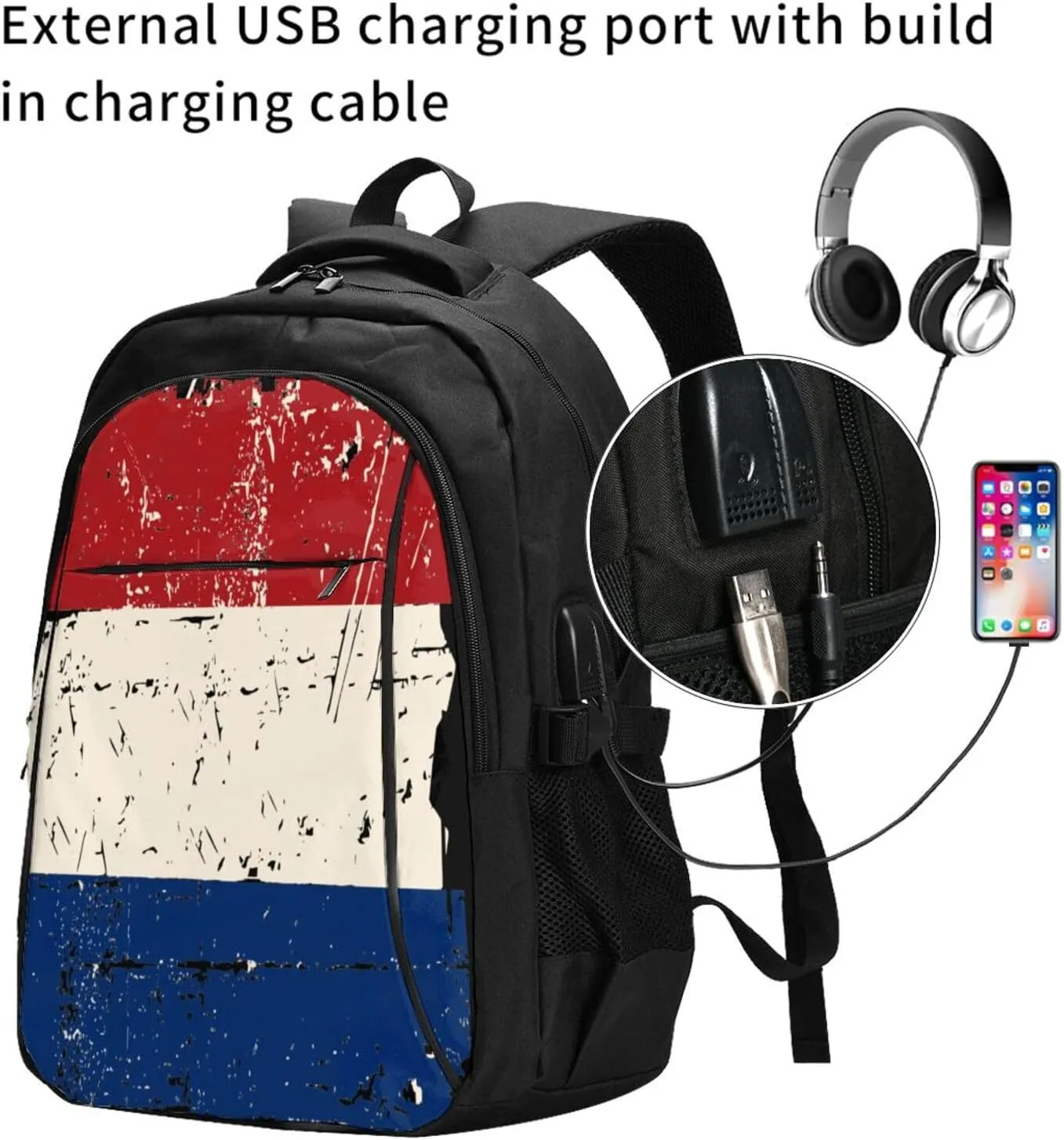 Vintage Netherlands Holland Flag Travel Backpacks Casual Backpack Large Capacity Laptop Rucksack Luggage Daypacks with USB Charging Port Multi-Pockets Bags for Hiking