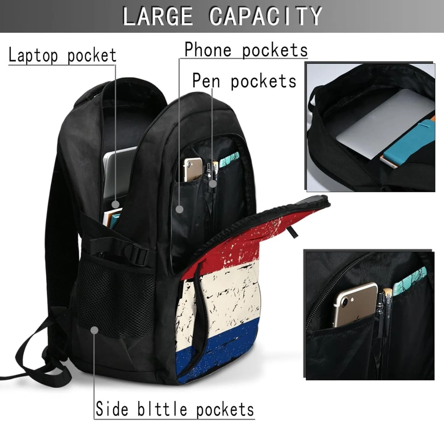 Vintage Netherlands Holland Flag Travel Backpacks Casual Backpack Large Capacity Laptop Rucksack Luggage Daypacks with USB Charging Port Multi-Pockets Bags for Hiking