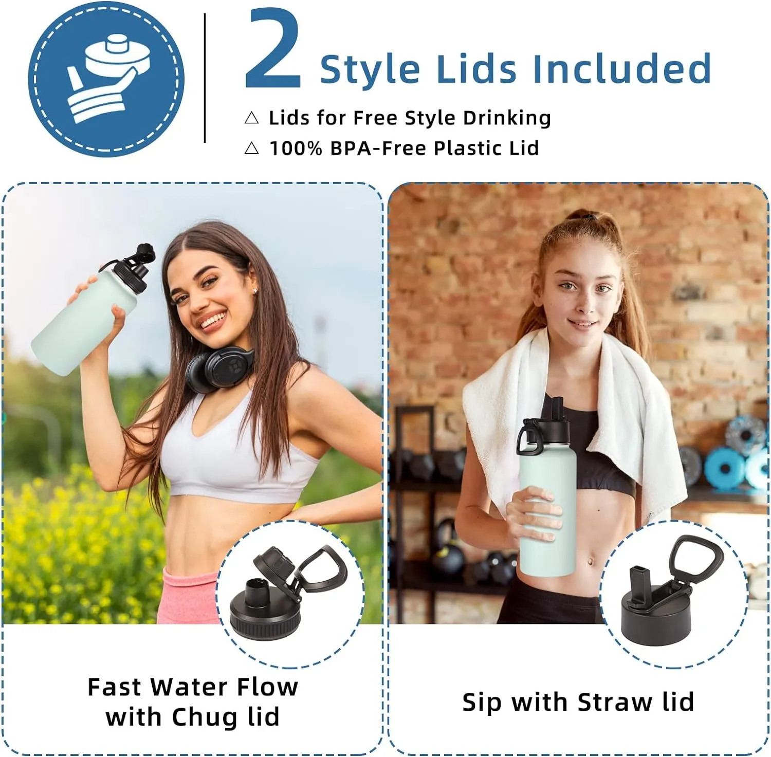 Volhoply 32 oz Insulated Water Bottles Bulk 8 Pack with Straw Lid & Spout Lid,Stainless Steel Sports Water Bottle,Double Wall Vacuum Cups,Leakproof Wide Mouth Metal Flask for Hiking,Camping(Fog,8)