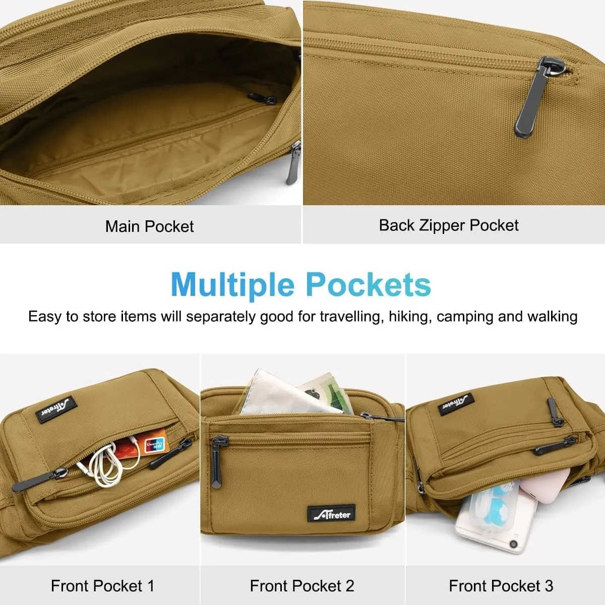 Waist Pack Bag Fanny Pack for Men&Women Hip Bum Bag with Adjustable Strap for Outdoors Workout Traveling Casual Running Hiking Cycling (Khaki)
