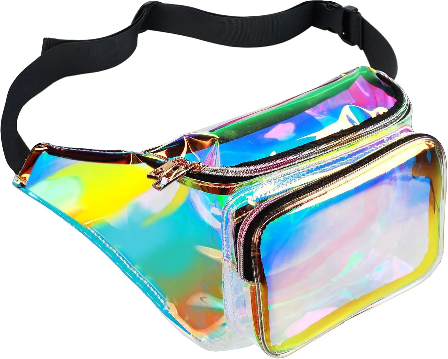 Water Resistant Shiny Neon Fanny Bag for Women Rave Festival Hologram Bum Travel Waist Pack, Transparant Gold and Pink