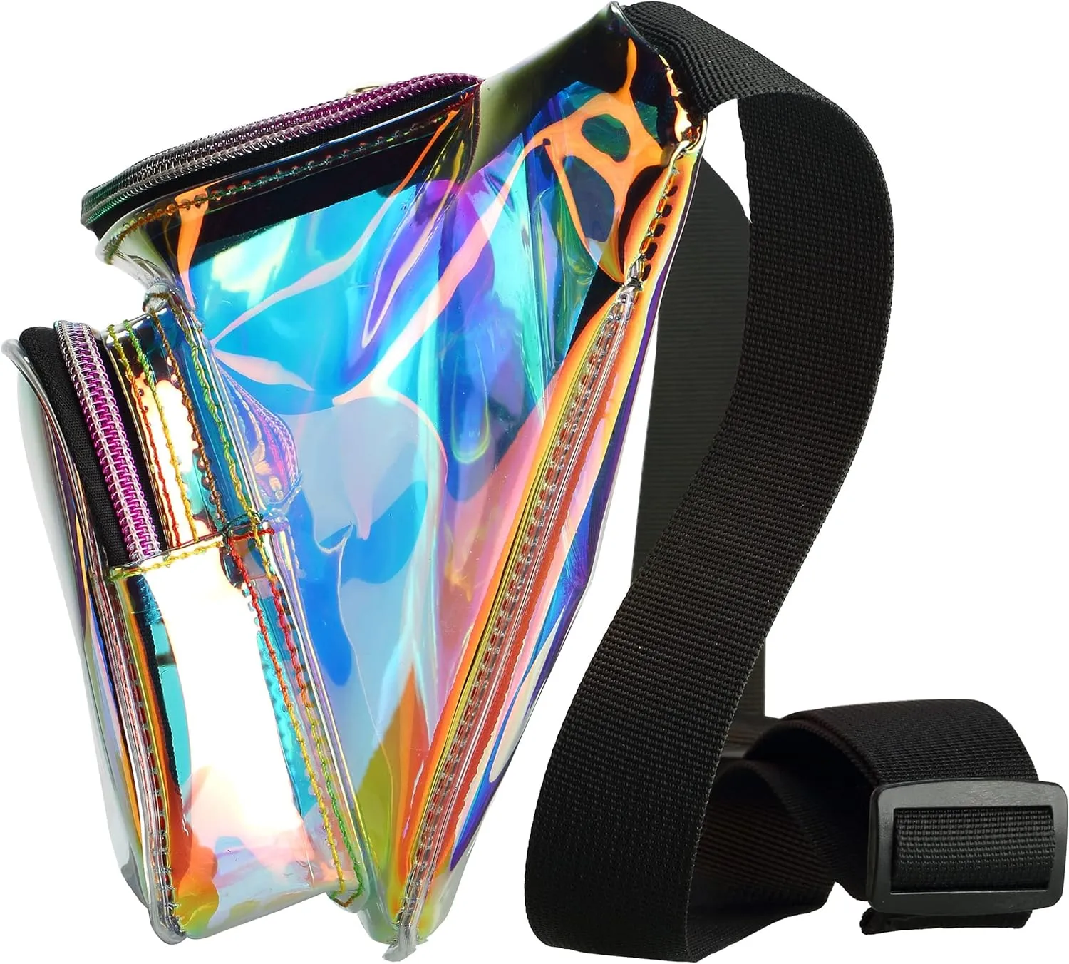 Water Resistant Shiny Neon Fanny Bag for Women Rave Festival Hologram Bum Travel Waist Pack, Transparant Gold and Pink