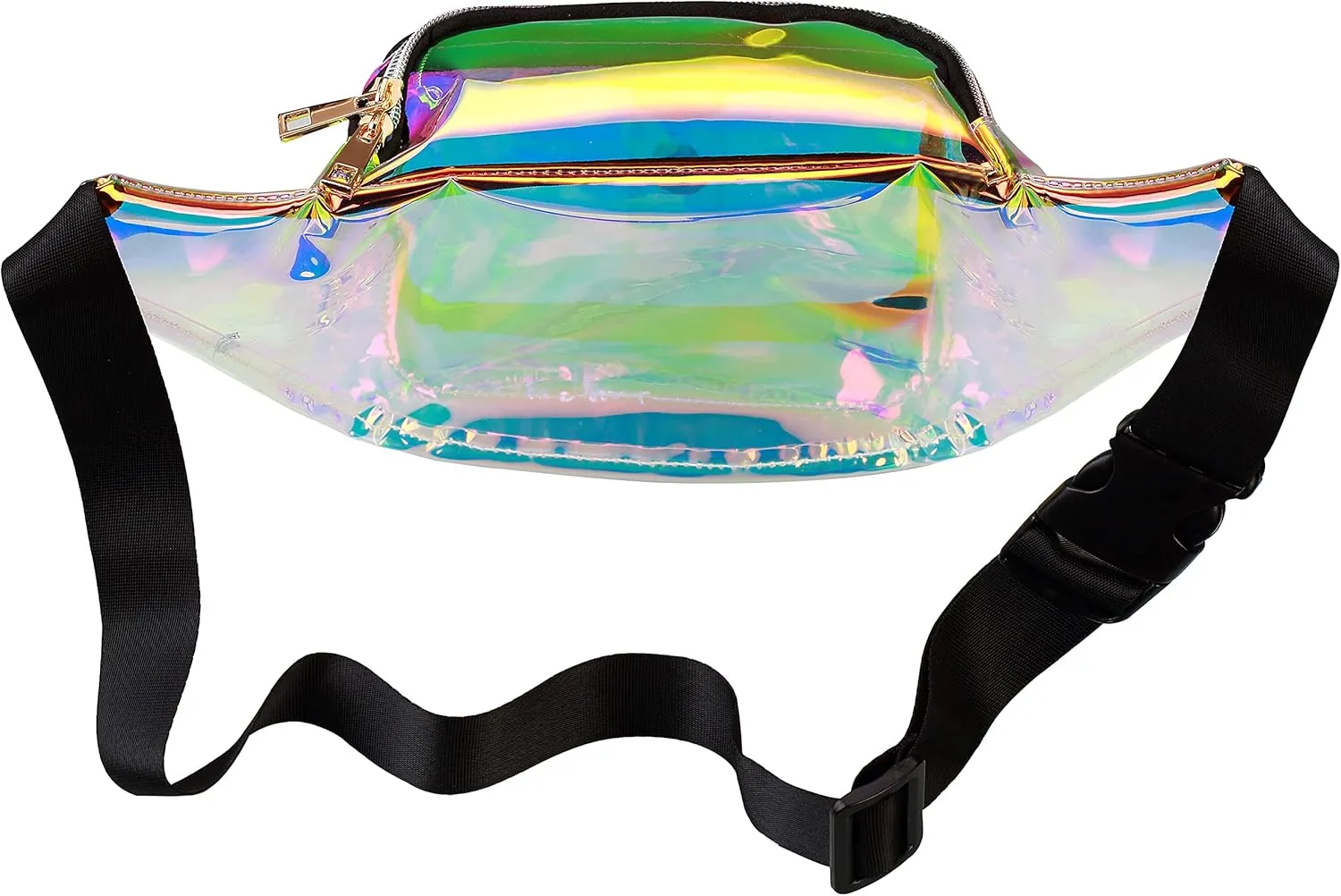Water Resistant Shiny Neon Fanny Bag for Women Rave Festival Hologram Bum Travel Waist Pack, Transparant Gold and Pink
