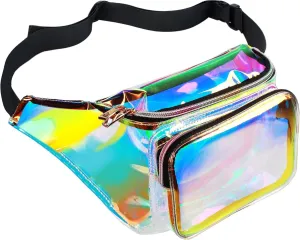 Water Resistant Shiny Neon Fanny Bag for Women Rave Festival Hologram Bum Travel Waist Pack, Transparant Gold and Pink