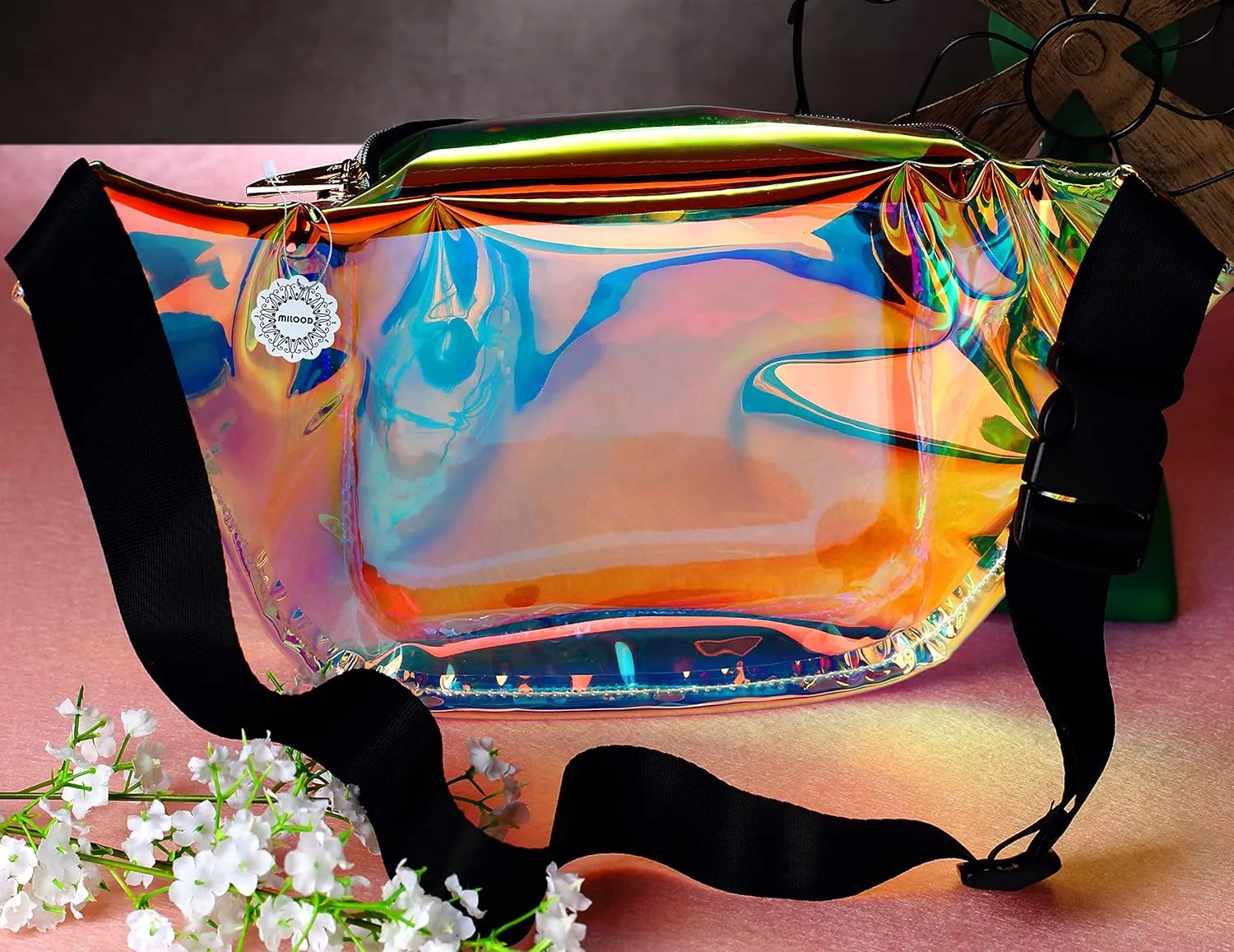 Water Resistant Shiny Neon Fanny Bag for Women Rave Festival Hologram Bum Travel Waist Pack, Transparant Gold and Pink