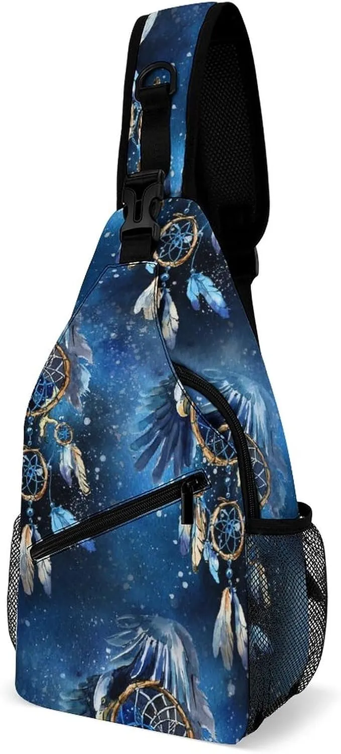 Watercolor Eagle Dream Catcher Sling Bag Crossbody for Women Men Lightweight Adjustable Extender Strap Mystical Boho Shoulder Backpack with Water Bottle Holder Casual Daypack for Hiking Travel