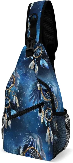 Watercolor Eagle Dream Catcher Sling Bag Crossbody for Women Men Lightweight Adjustable Extender Strap Mystical Boho Shoulder Backpack with Water Bottle Holder Casual Daypack for Hiking Travel