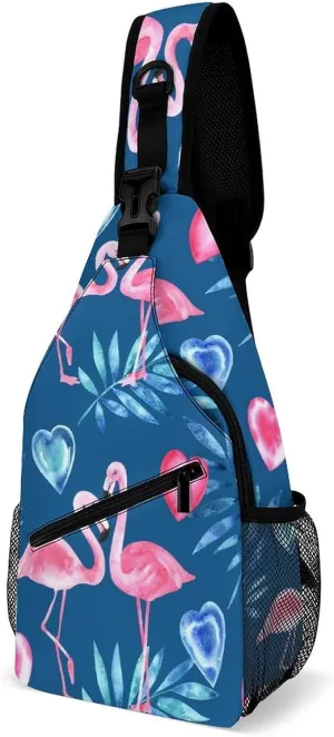 Watercolor Flamingo Heart Sling Bag Crossbody for Women Men Lightweight Adjustable Extender Strap Summer Tropic Leaf Shoulder Backpack with Water Bottle Holder Casual Daypack for Hiking Travel