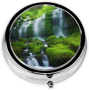 Waterfall Green Pill Box Round Pill Case for Pocket Purse 3 Compartment Medicine Pill Organizer Cute Portable Travel Pillbox Vitamin Cod Liver Oil Storage Box Unique Gift Organizer