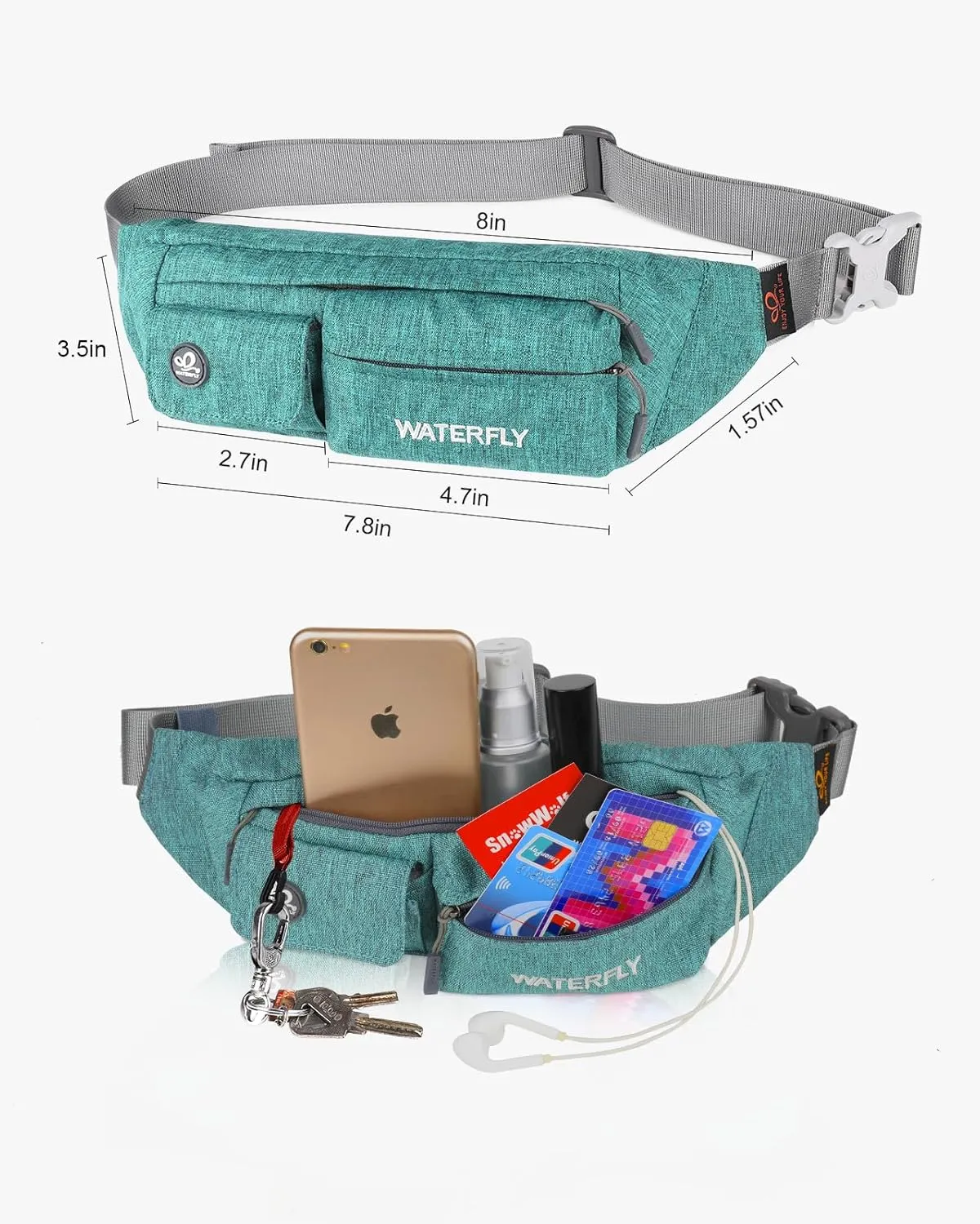 WATERFLY Fanny Pack for Women Men Water Resistant Small Waist Pouch Slim Belt Bag with 4 Pockets for Running Travelling Hiking Walking Lightweight Crossbody Chest Bag Fit All Phones…