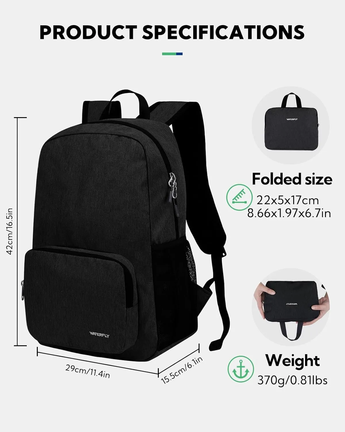 WATERFLY Lightweight Packable Hiking Backpack: 20L Small Foldable Travel Bag Resistant Backpacks for Women Men Camping Vacation Beach Park Outdoor Sports Daypack