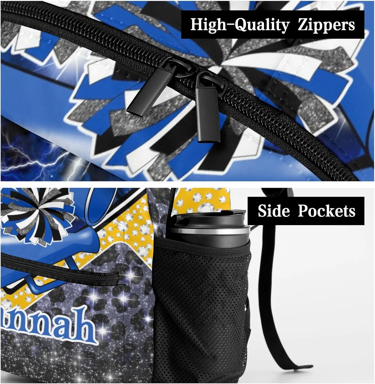 Waterproof Cheerleading Backpack Cheer Backpack Shoulders Backpack for Cheerleaders Team Gift (Blue Black Gold)