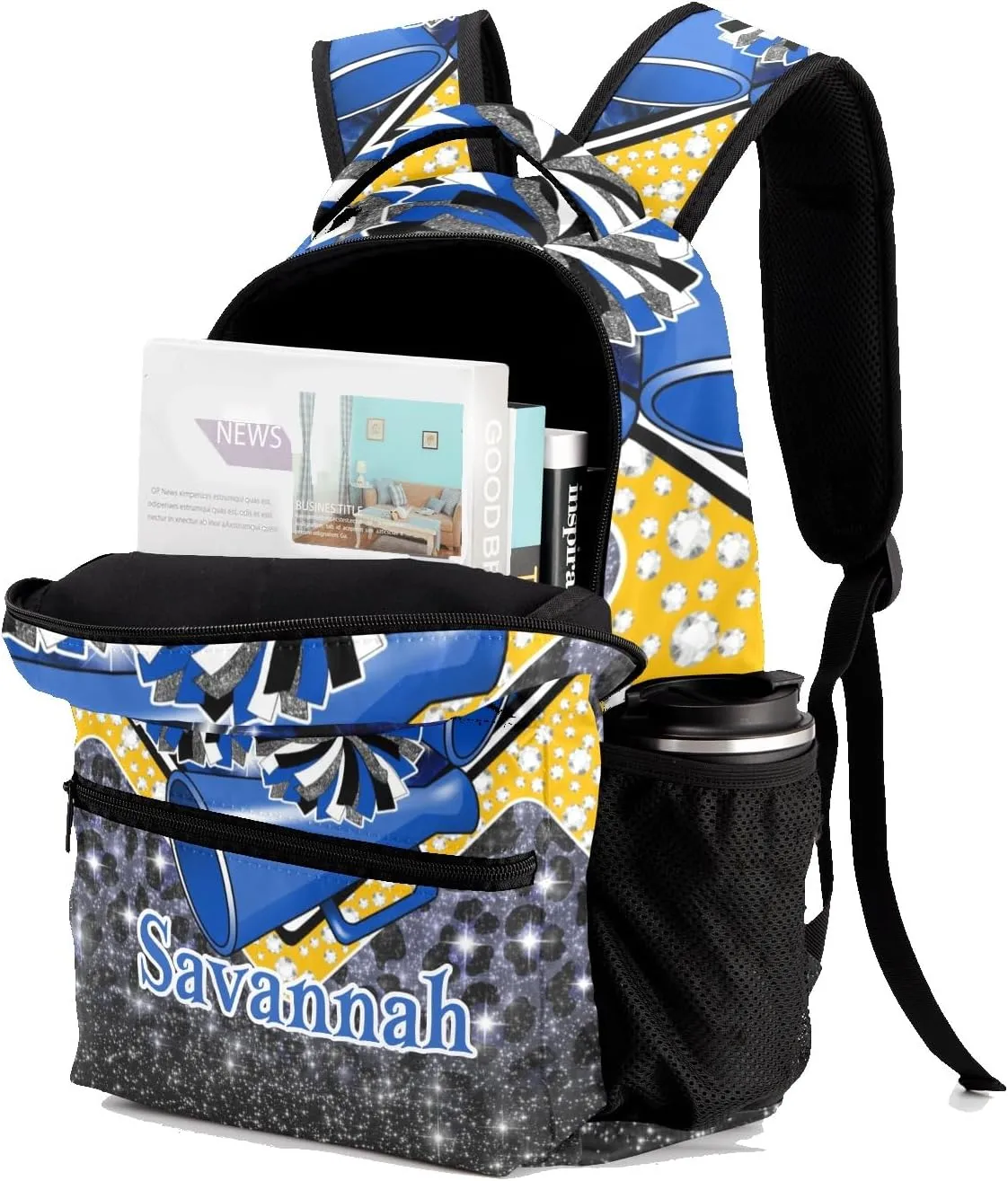 Waterproof Cheerleading Backpack Cheer Backpack Shoulders Backpack for Cheerleaders Team Gift (Blue Black Gold)