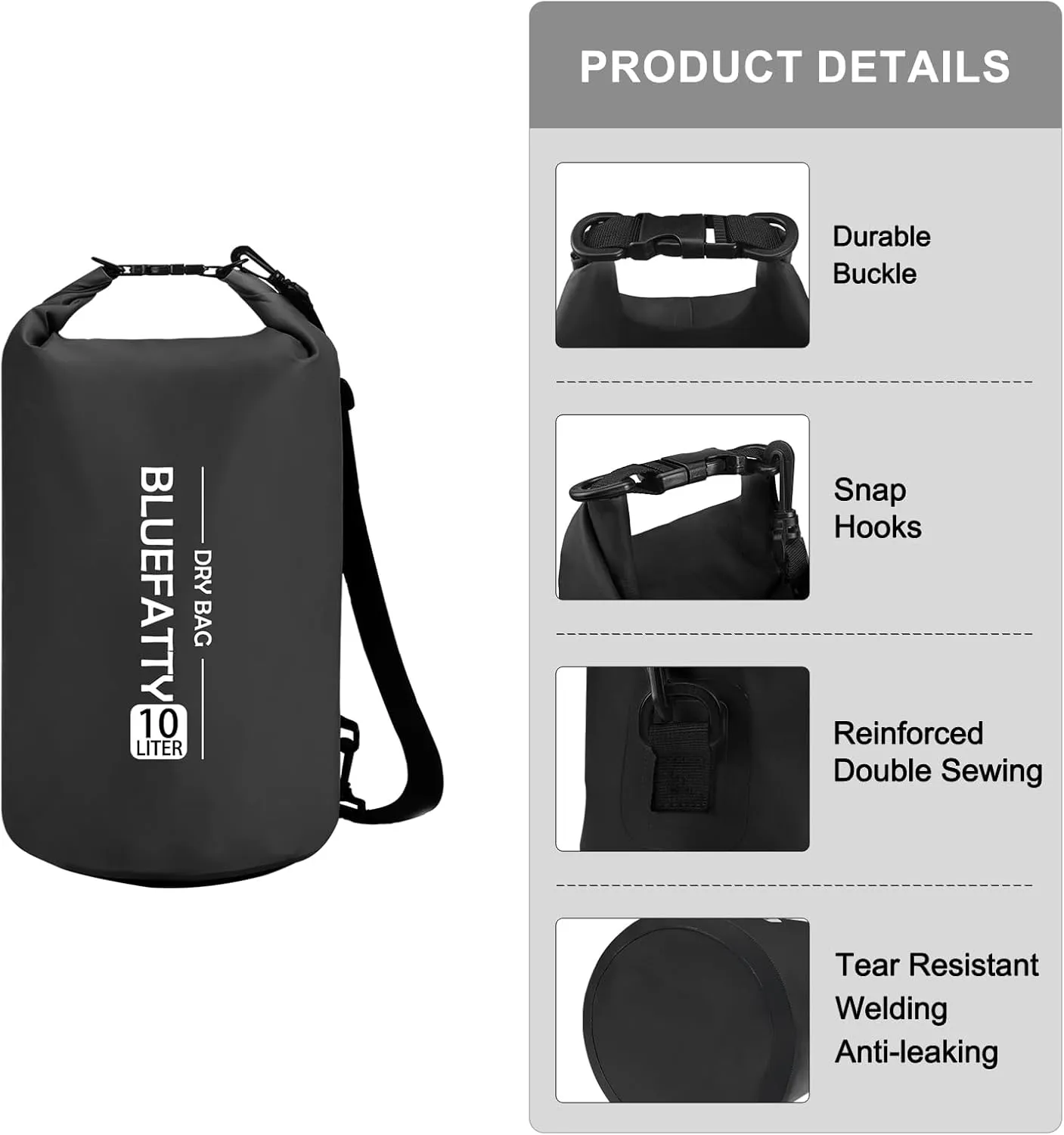 Waterproof Dry Bag Floating Roll Top Dry Backpacks for Kayaking, Rafting, Boating, SUP, Fishing with IPX8 Waterproof Phone Case, Black, 10L