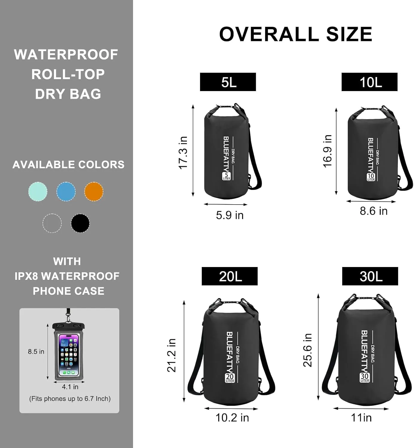 Waterproof Dry Bag Floating Roll Top Dry Backpacks for Kayaking, Rafting, Boating, SUP, Fishing with IPX8 Waterproof Phone Case, Black, 10L