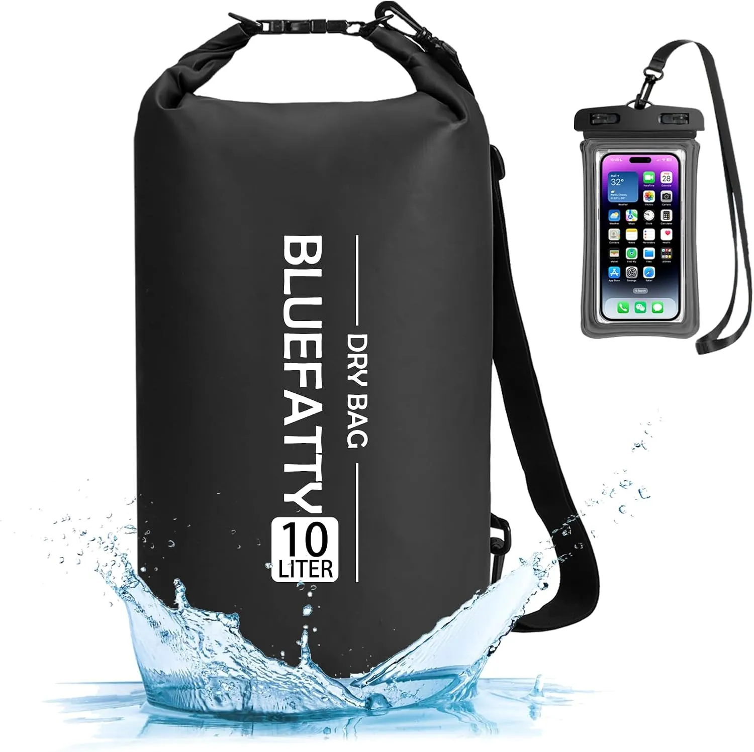 Waterproof Dry Bag Floating Roll Top Dry Backpacks for Kayaking, Rafting, Boating, SUP, Fishing with IPX8 Waterproof Phone Case, Black, 10L
