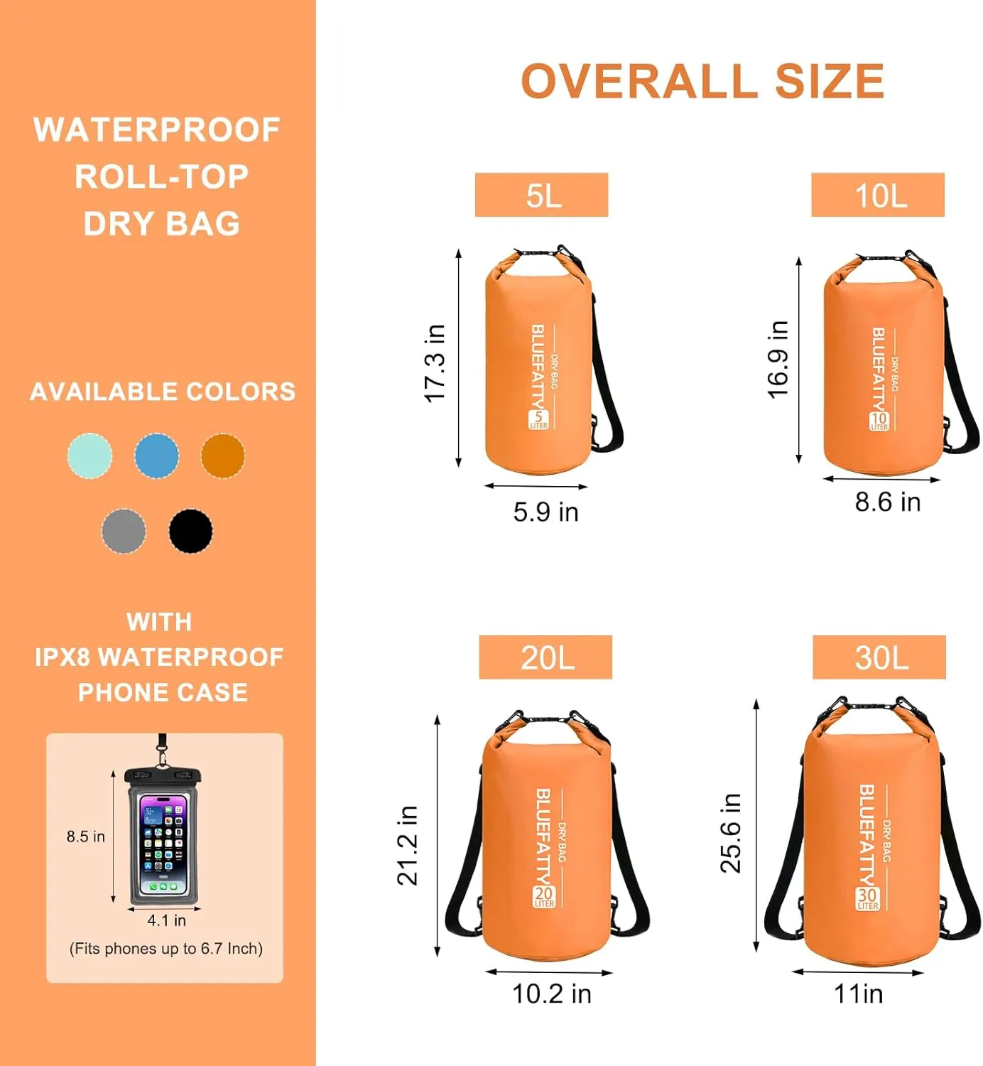 Waterproof Dry Bag Floating Roll Top Dry Backpacks for Kayaking, Rafting, Boating, SUP, Fishing with IPX8 Waterproof Phone Case, Orange, 10L