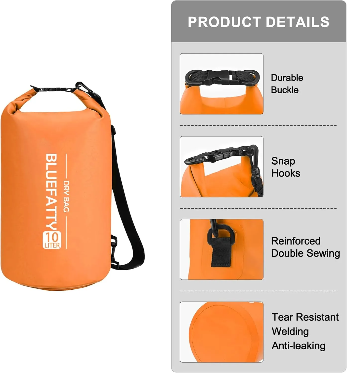 Waterproof Dry Bag Floating Roll Top Dry Backpacks for Kayaking, Rafting, Boating, SUP, Fishing with IPX8 Waterproof Phone Case, Orange, 10L