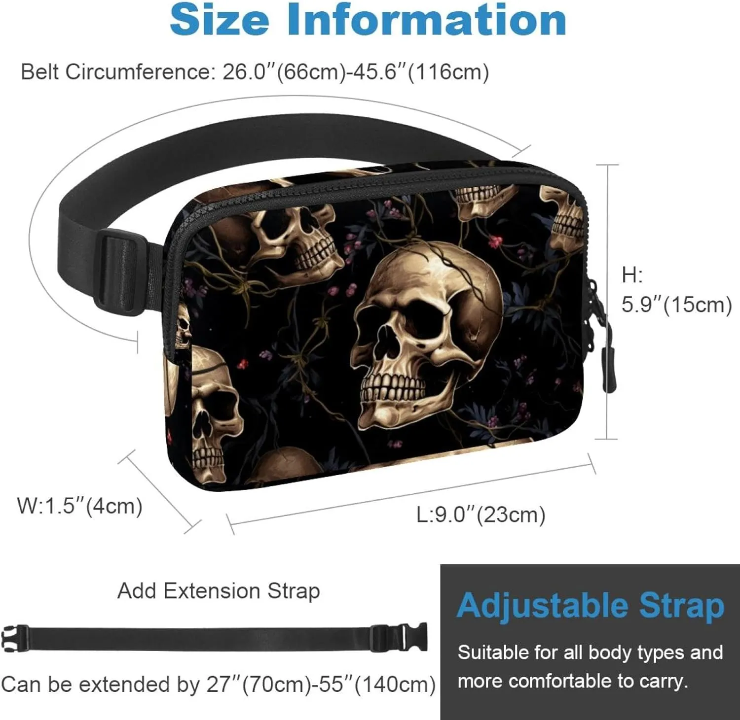 Waterproof Fanny Pack Black Belt Bag with Adjustable Strap for Women and Men,Skull N Crossbody Fanny Bag with Zipper for Hiking Running Travel