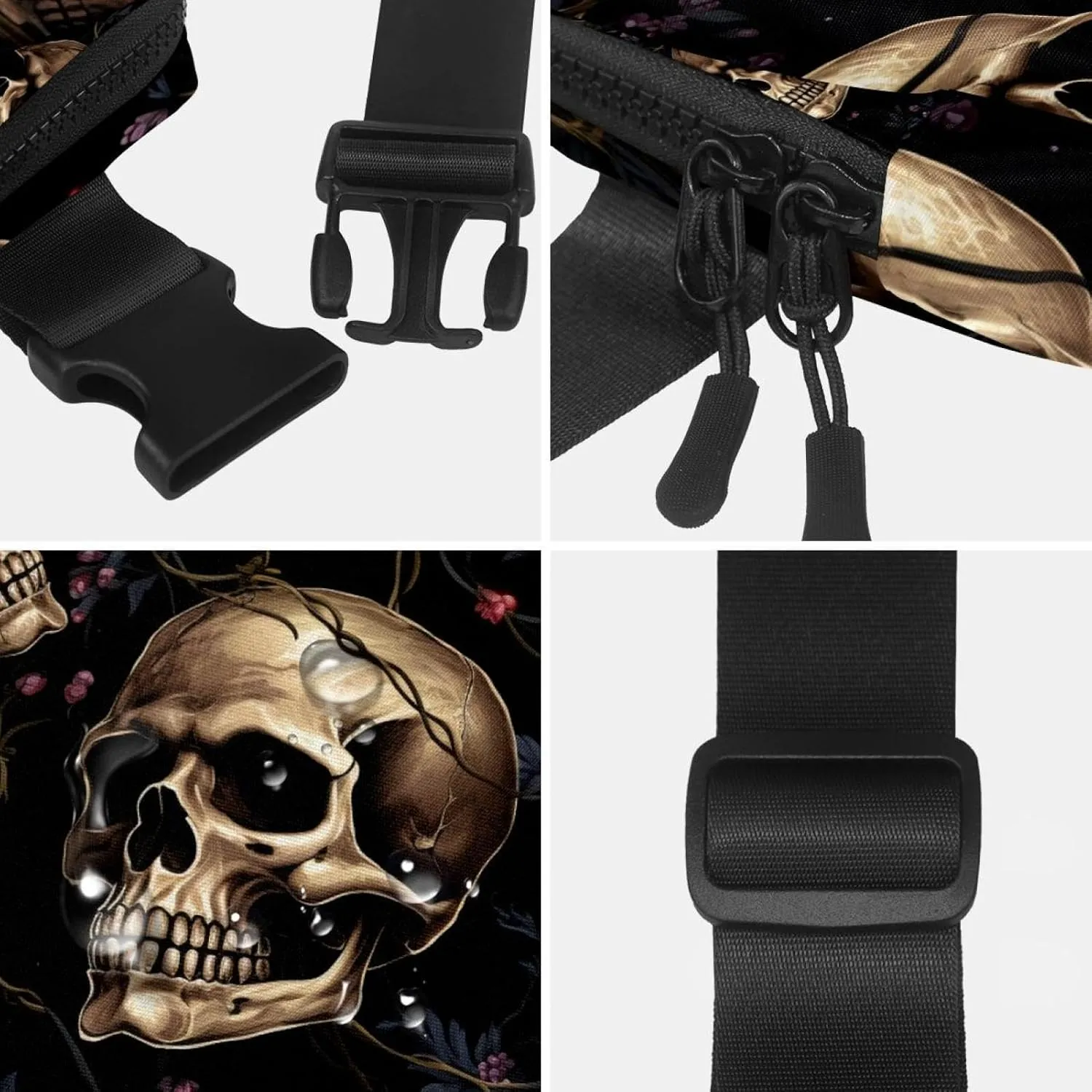 Waterproof Fanny Pack Black Belt Bag with Adjustable Strap for Women and Men,Skull N Crossbody Fanny Bag with Zipper for Hiking Running Travel