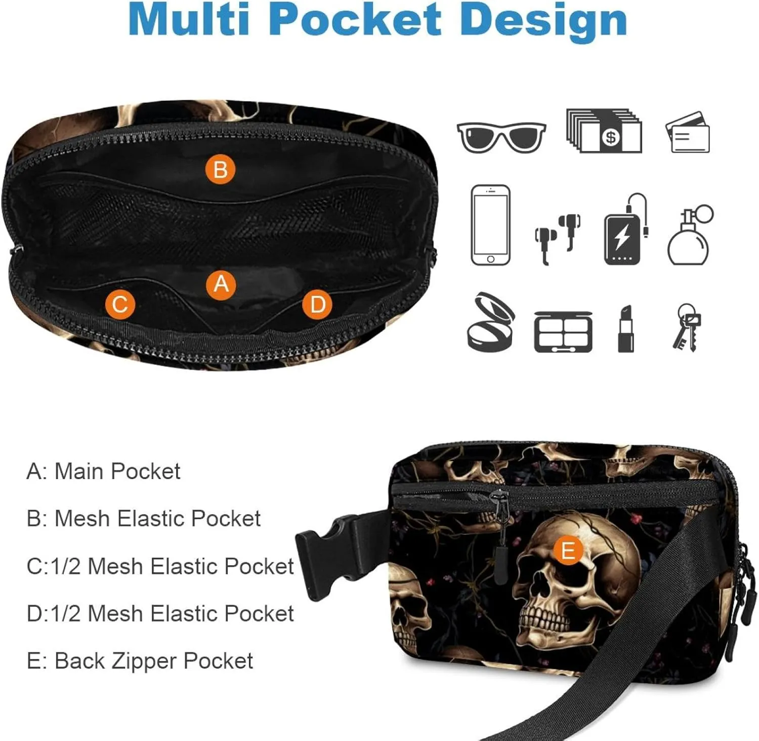 Waterproof Fanny Pack Black Belt Bag with Adjustable Strap for Women and Men,Skull N Crossbody Fanny Bag with Zipper for Hiking Running Travel