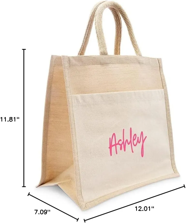 WEDDINGSTAR Personalized Medium Woven Jute Tote Bag With Pocket