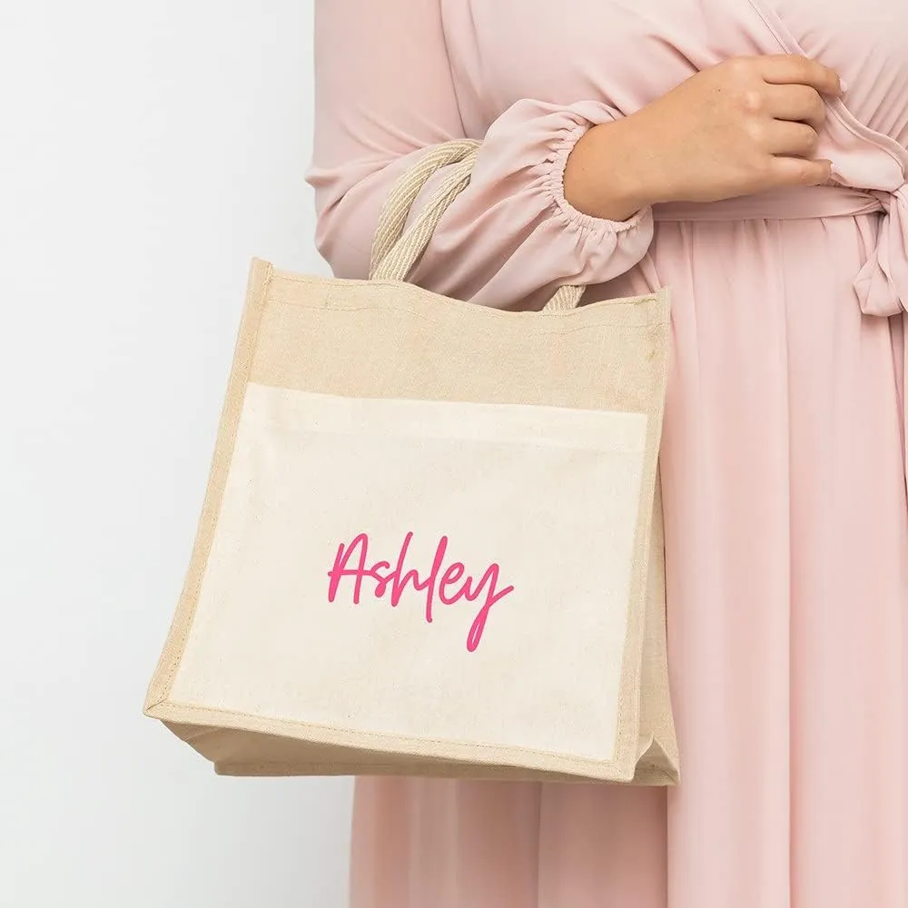 WEDDINGSTAR Personalized Medium Woven Jute Tote Bag With Pocket