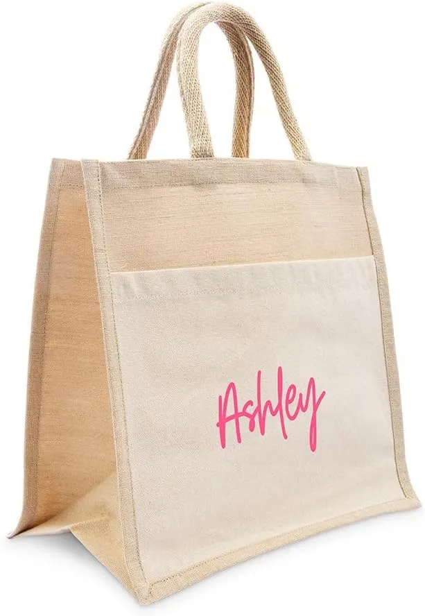 WEDDINGSTAR Personalized Medium Woven Jute Tote Bag With Pocket