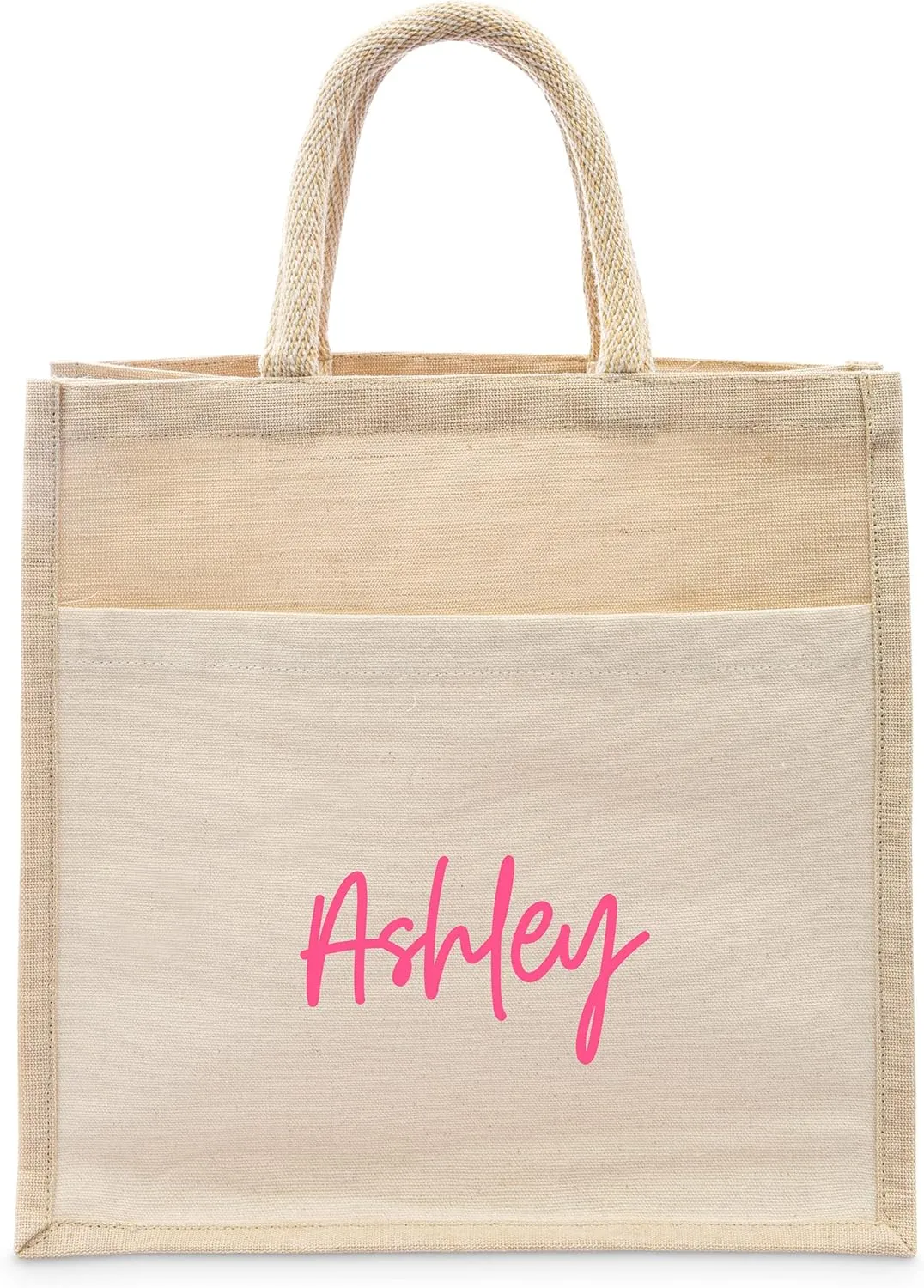 WEDDINGSTAR Personalized Medium Woven Jute Tote Bag With Pocket