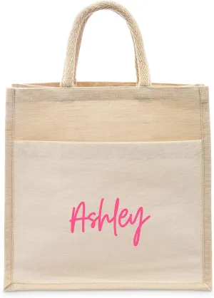 WEDDINGSTAR Personalized Medium Woven Jute Tote Bag With Pocket