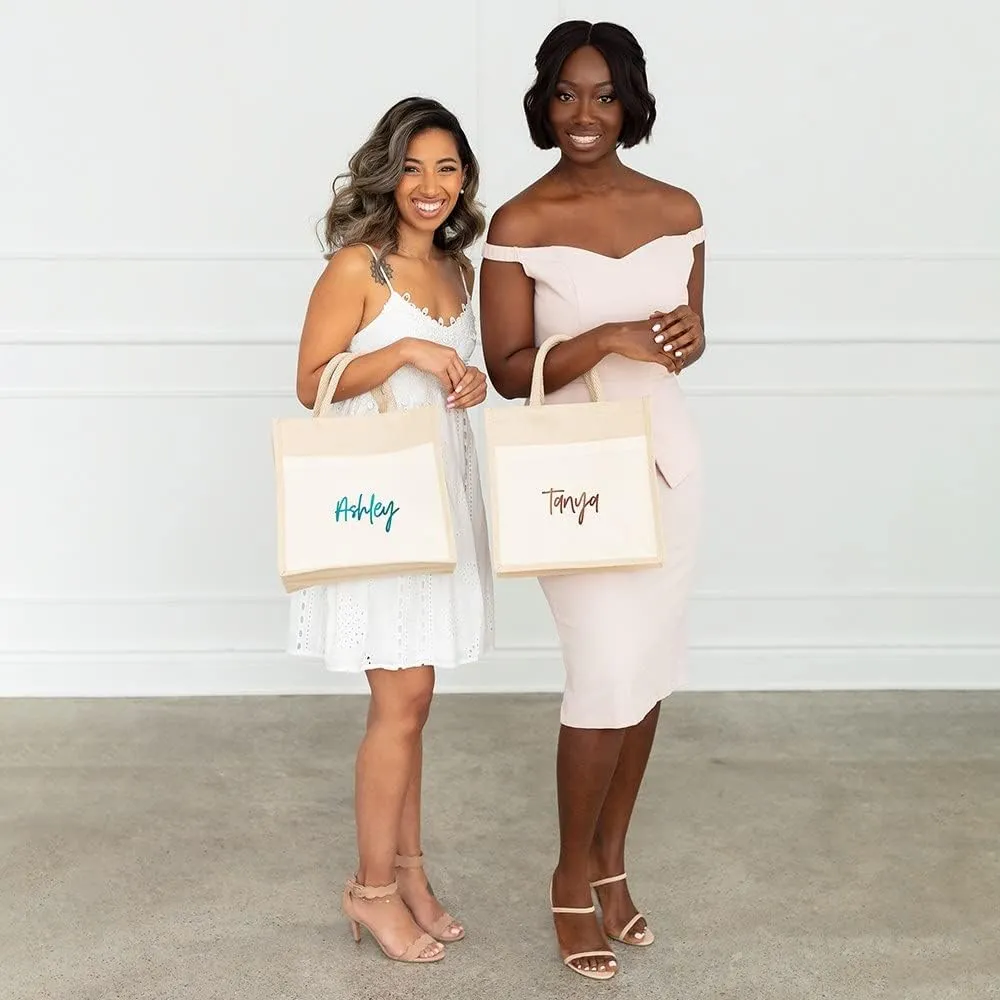 WEDDINGSTAR Personalized Medium Woven Jute Tote Bag With Pocket