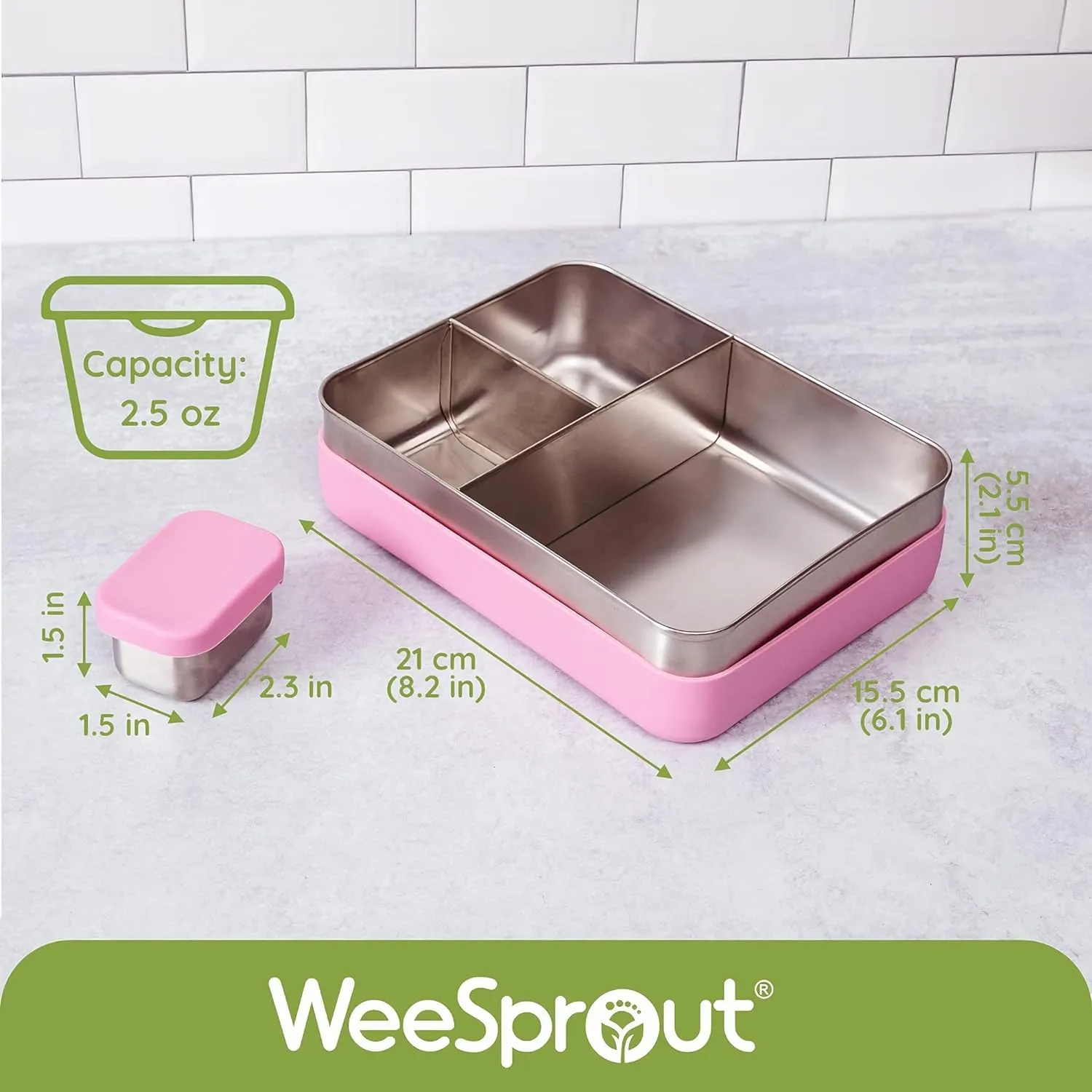 WeeSprout 18/8 Stainless Steel Bento Box (Large) - 3 Compartment Metal Lunch Box, for Kids & Adults, Bonus Dip Container, Fits in Lunch & Work Bags, Dishwasher & Freezer Friendly