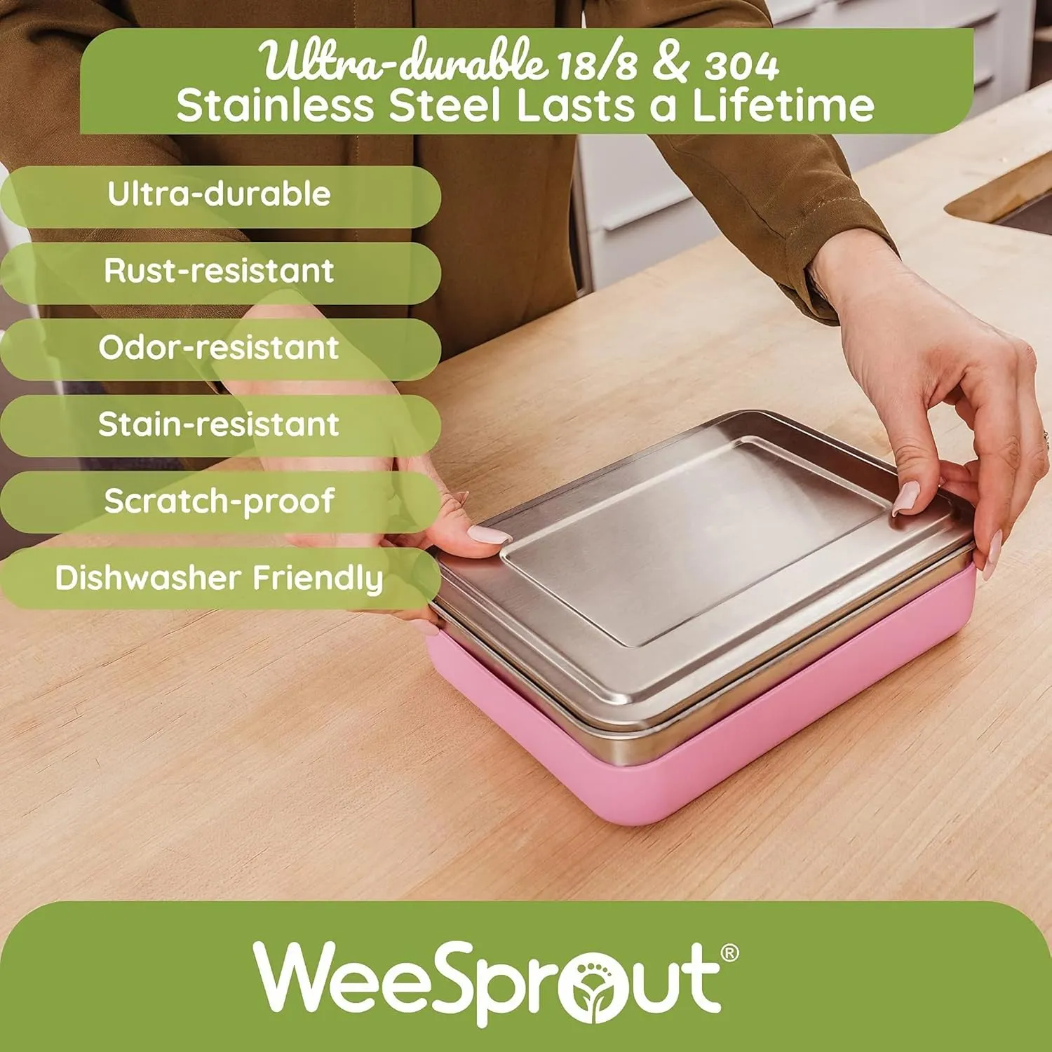 WeeSprout 18/8 Stainless Steel Bento Box (Large) - 3 Compartment Metal Lunch Box, for Kids & Adults, Bonus Dip Container, Fits in Lunch & Work Bags, Dishwasher & Freezer Friendly