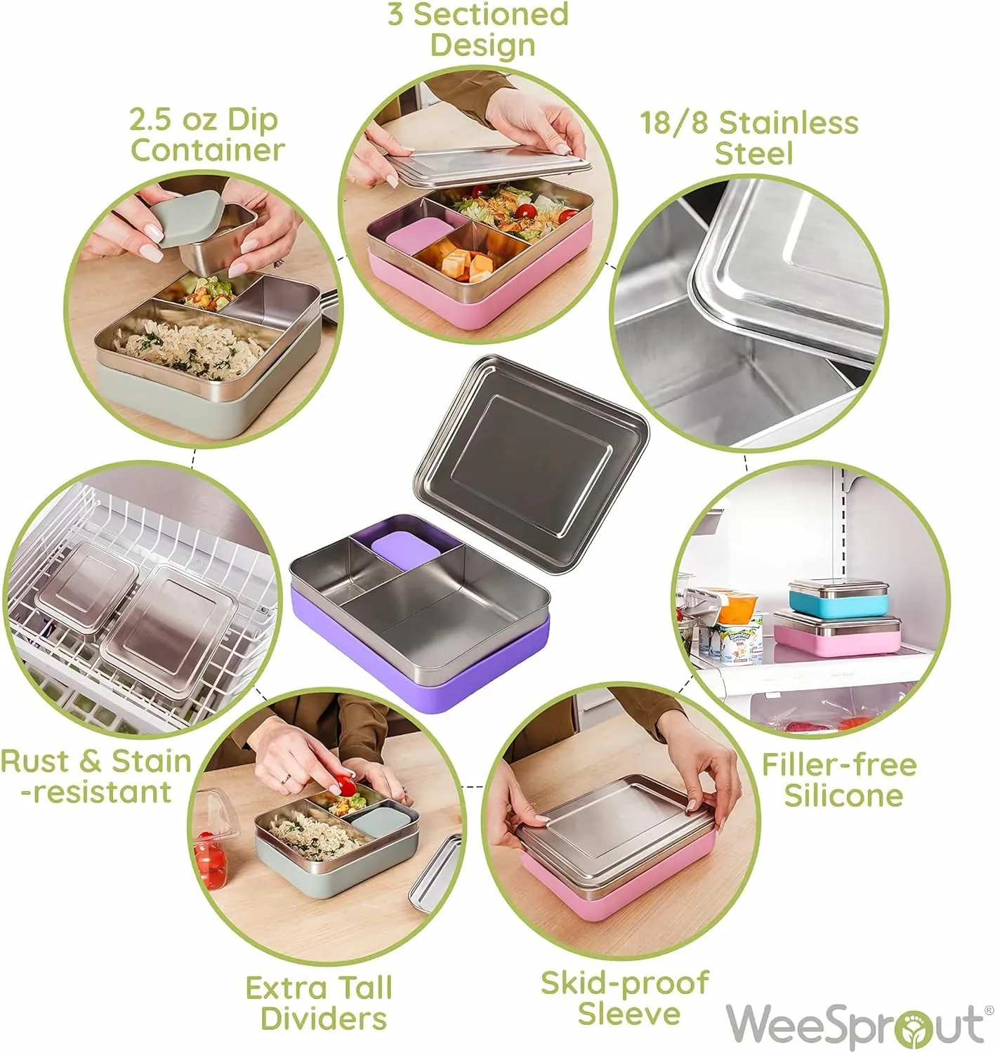 WeeSprout 18/8 Stainless Steel Bento Box (Large) - 3 Compartment Metal Lunch Box, for Kids & Adults, Bonus Dip Container, Fits in Lunch & Work Bags, Dishwasher & Freezer Friendly