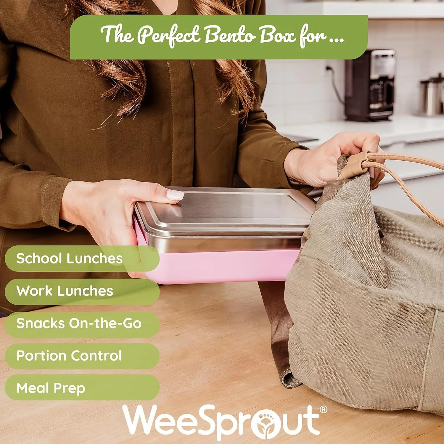 WeeSprout 18/8 Stainless Steel Bento Box (Large) - 3 Compartment Metal Lunch Box, for Kids & Adults, Bonus Dip Container, Fits in Lunch & Work Bags, Dishwasher & Freezer Friendly